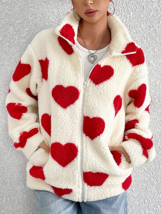 Aria Heart Zip Up Drop Shoulder Furry Jacket | 3 Colors | Poundton