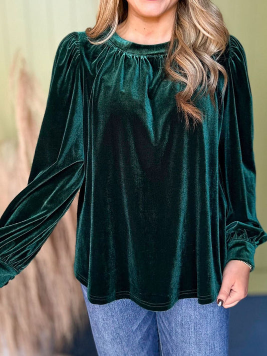 Ruched Round Neck Velvet Long Sleeve Blouse - 4 Colors - Poundton