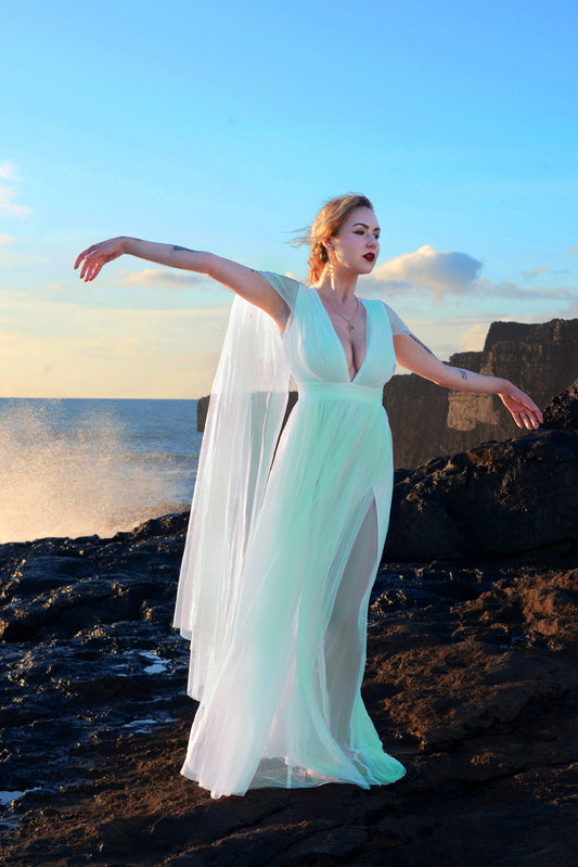 Bombshell Plunge Maxi Gown in Aqua Mint with Sheer Mesh Sleeves | Gothic Glamour