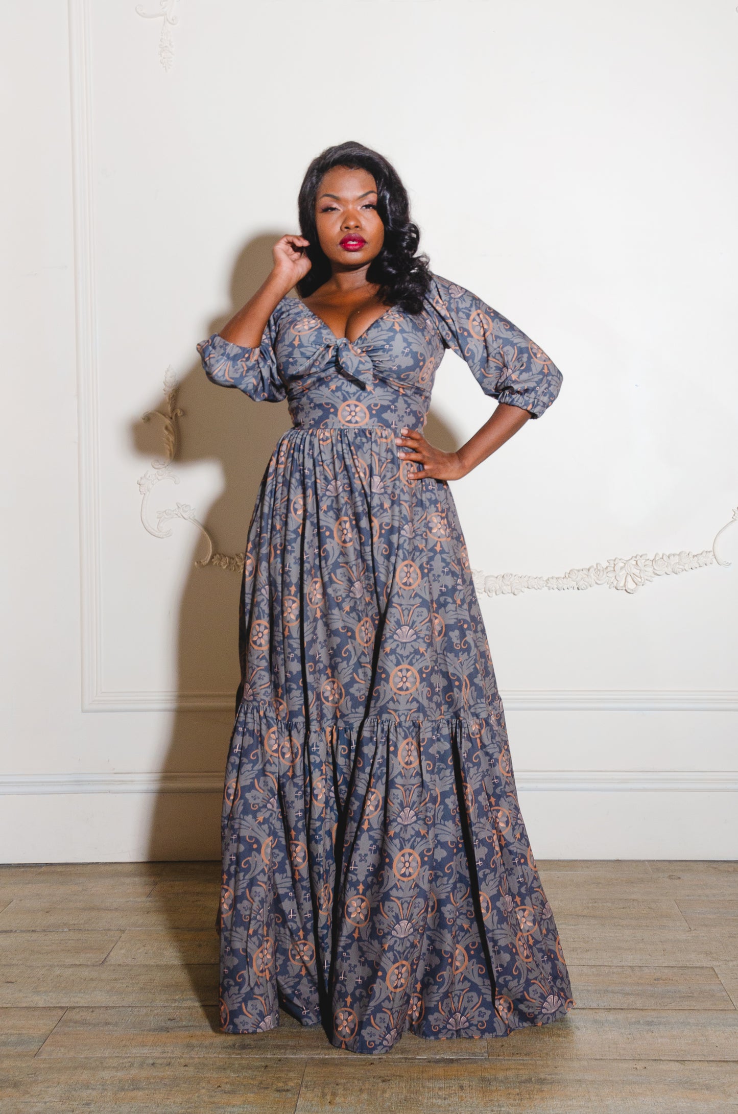 Molly Medieval Gothic Maxi Gown in Royal Woods Print Crepe | Laura Byrnes & Hope Johnstun