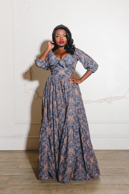 Molly Medieval Gothic Maxi Gown in Royal Woods Print Crepe | Laura Byrnes & Hope Johnstun