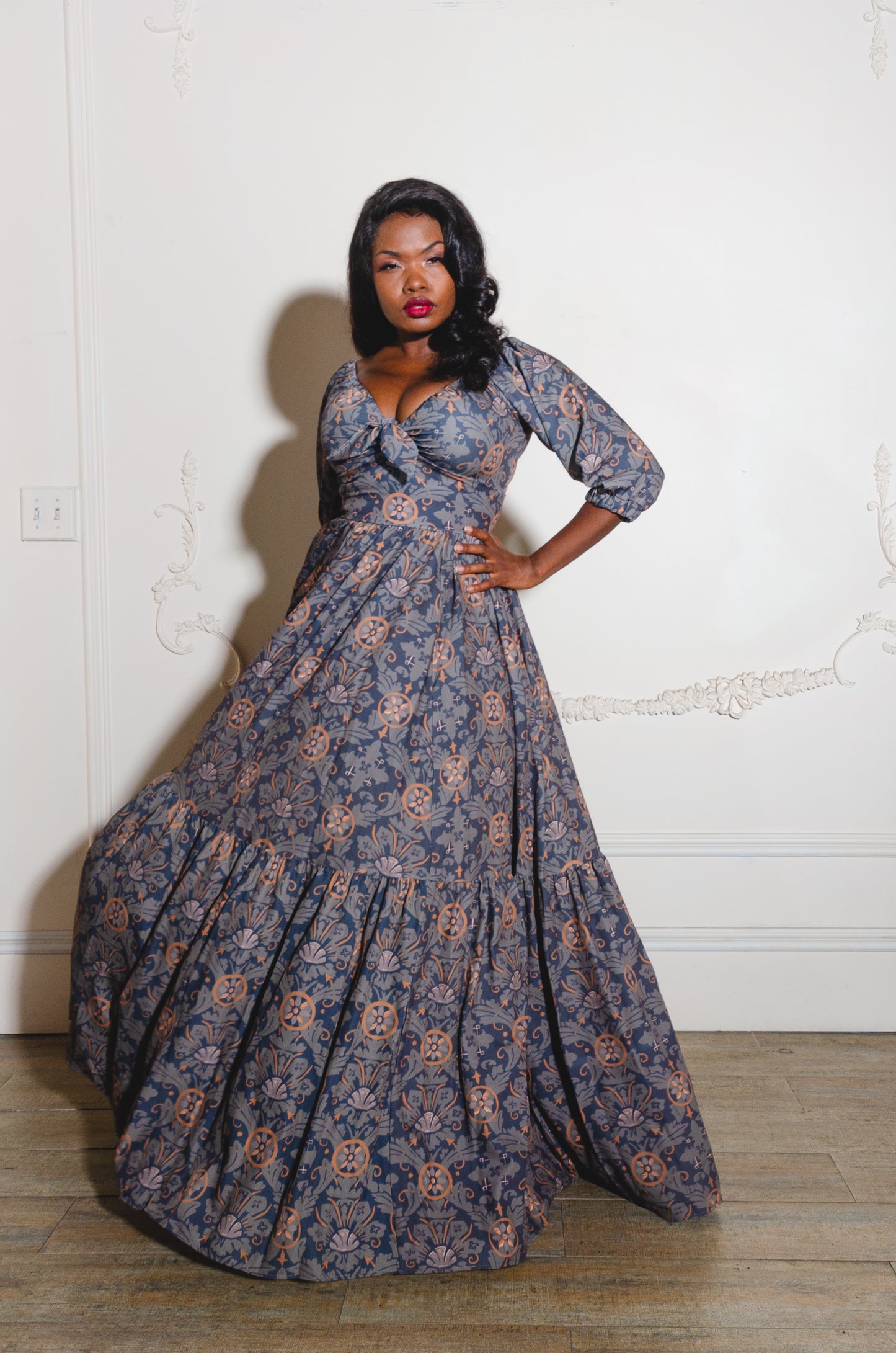 Molly Medieval Gothic Maxi Gown in Royal Woods Print Crepe | Laura Byrnes & Hope Johnstun