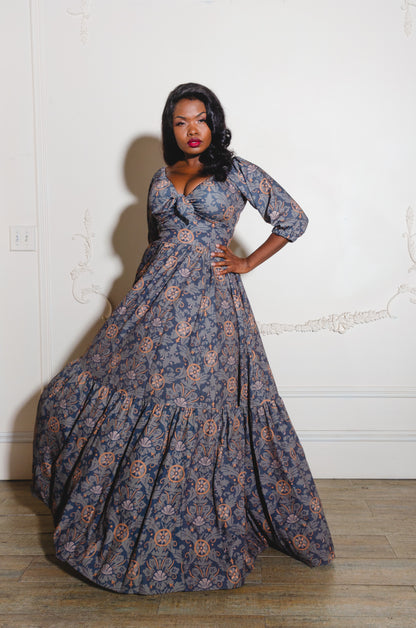 Molly Medieval Gothic Maxi Gown in Royal Woods Print Crepe | Laura Byrnes & Hope Johnstun