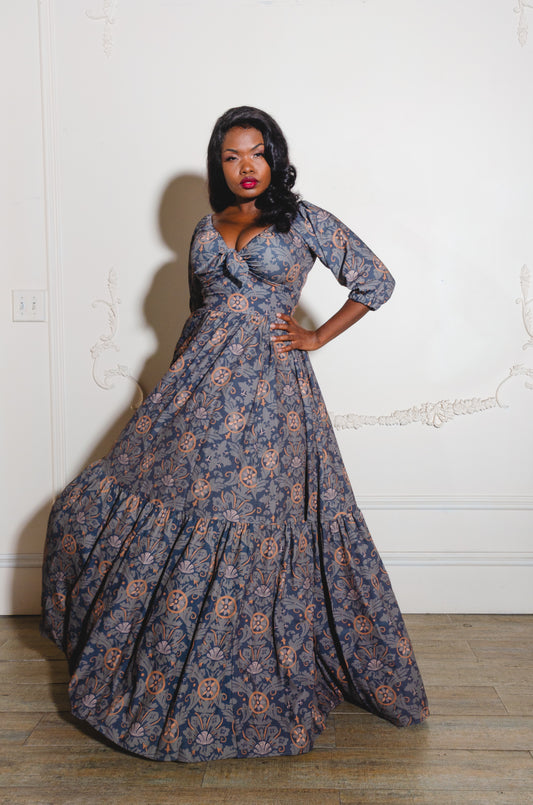 Molly Medieval Gothic Maxi Gown in Royal Woods Print Crepe | Laura Byrnes & Hope Johnstun