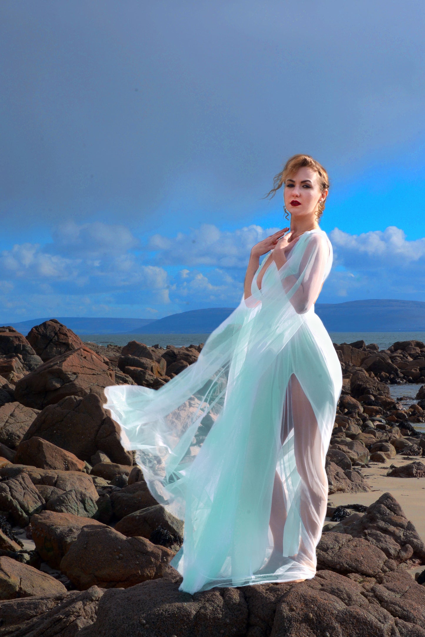 Bombshell Plunge Maxi Gown in Aqua Mint with Sheer Mesh Sleeves | Gothic Glamour