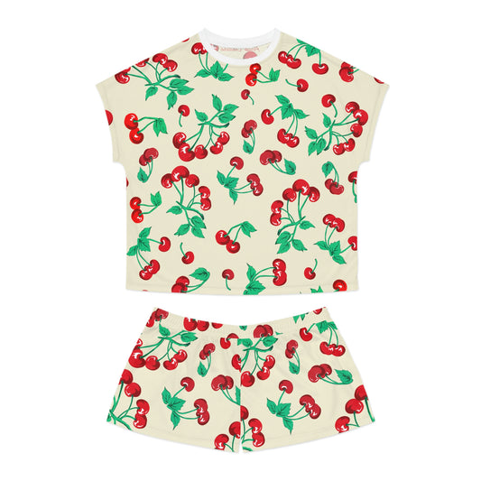 TGIF Sleepover PJs in Antique Ivory Cherry Girl Tee & Pajama Shorts-Set | Pinup Couture Relaxed