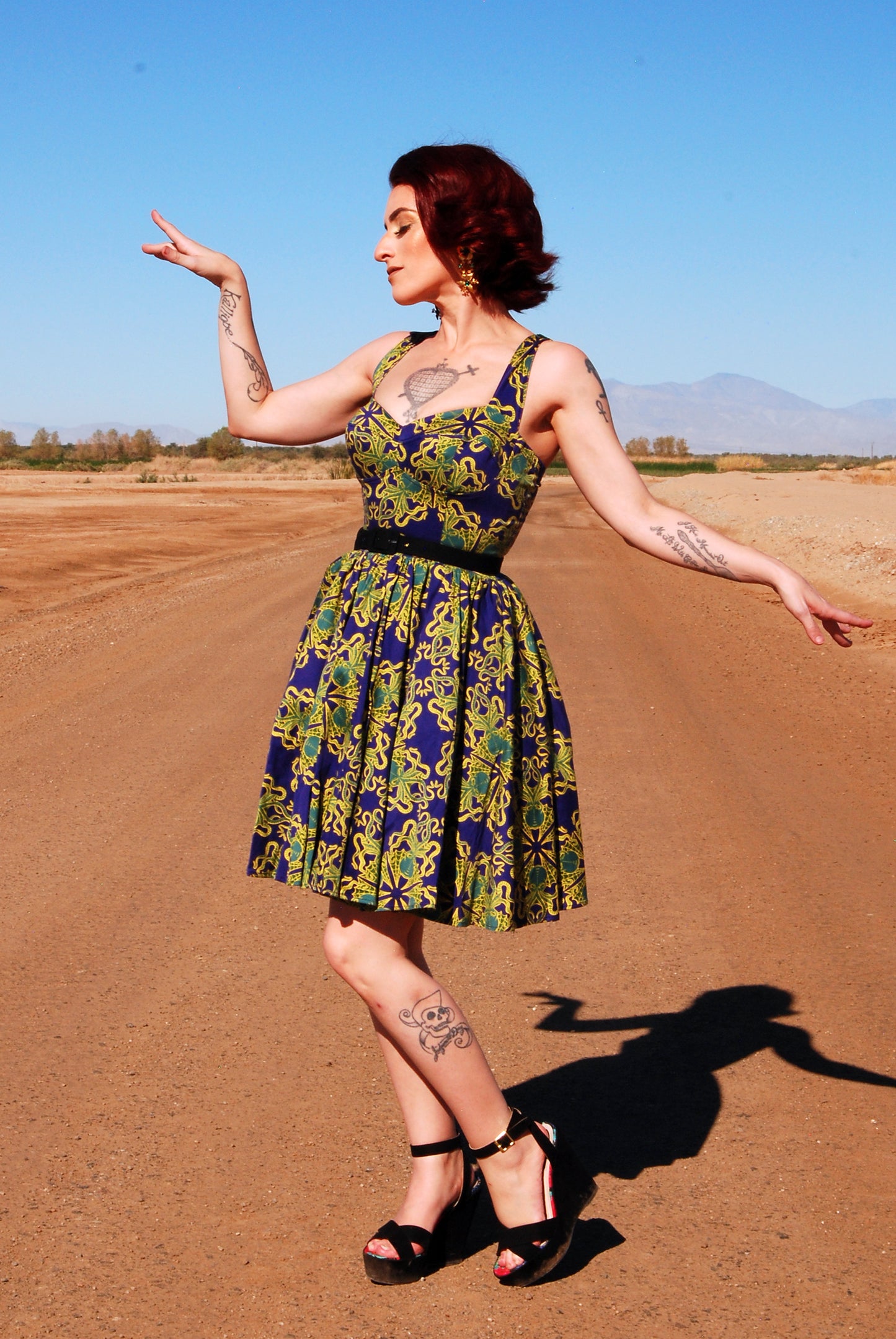 Vera Vintage Swing dress in Daddy Cthulhu Cotton Sateen | Laura Byrnes & Hope Johnstun -