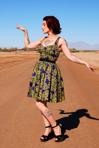 Vera Vintage Swing dress in Daddy Cthulhu Cotton Sateen | Laura Byrnes & Hope Johnstun -