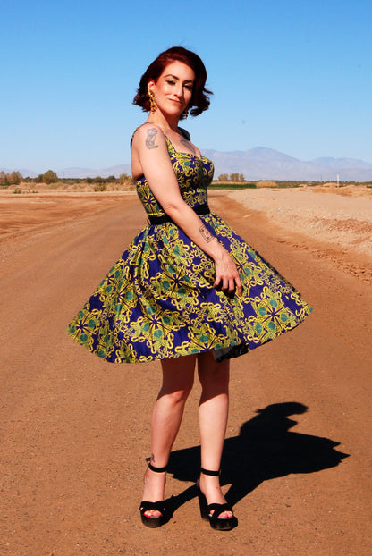 Vera Vintage Swing dress in Daddy Cthulhu Cotton Sateen | Laura Byrnes & Hope Johnstun -