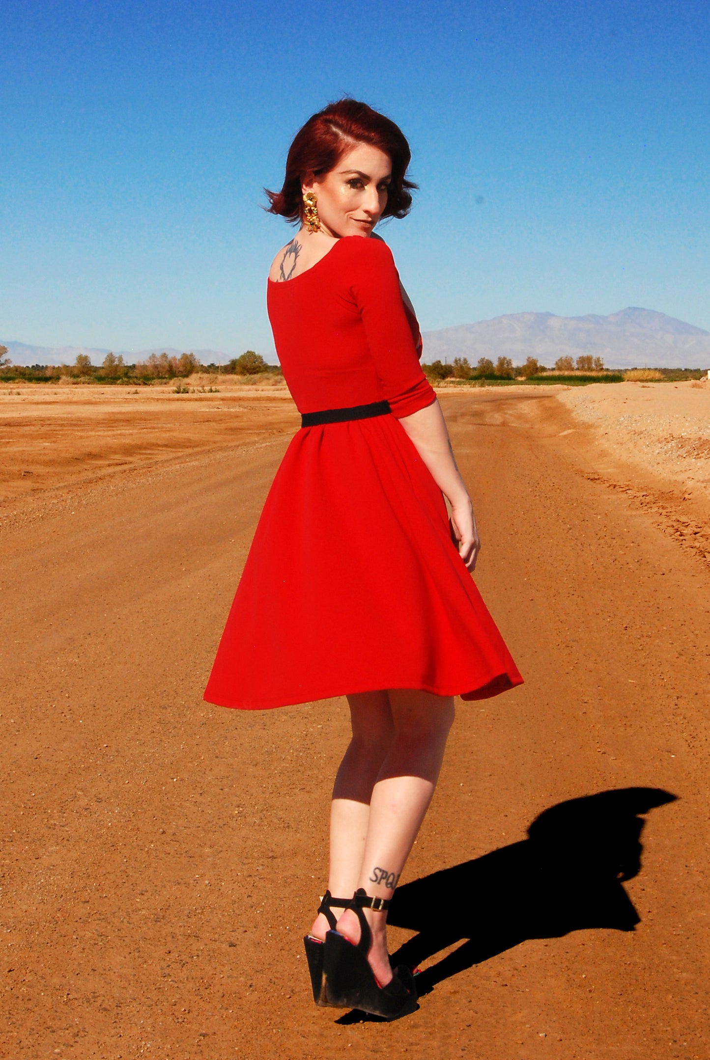 Kayla Swing Dress in Red Scuba Crepe | Deadly Dames