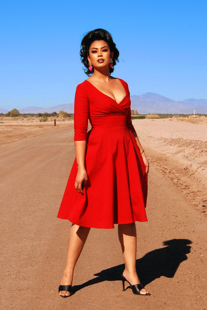 Erin Vintage Style Swing Dress in Cherry Red Bengaline | Pinup Couture