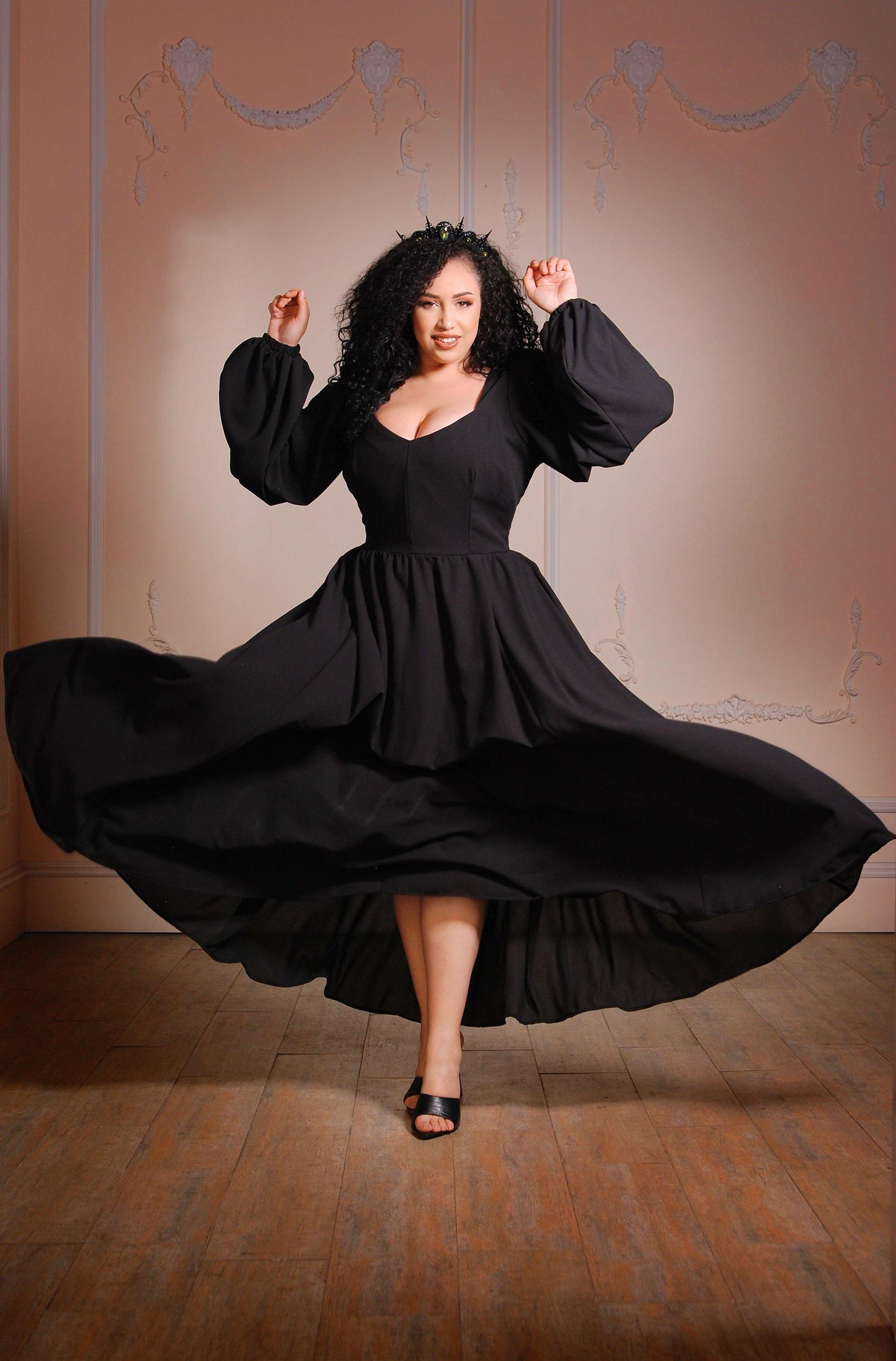 Sold Out - Lucrezia Renaissance Maxi Gown in Solid Black Stretch Crepe | Laura Byrnes - pinupgirlclothing.com