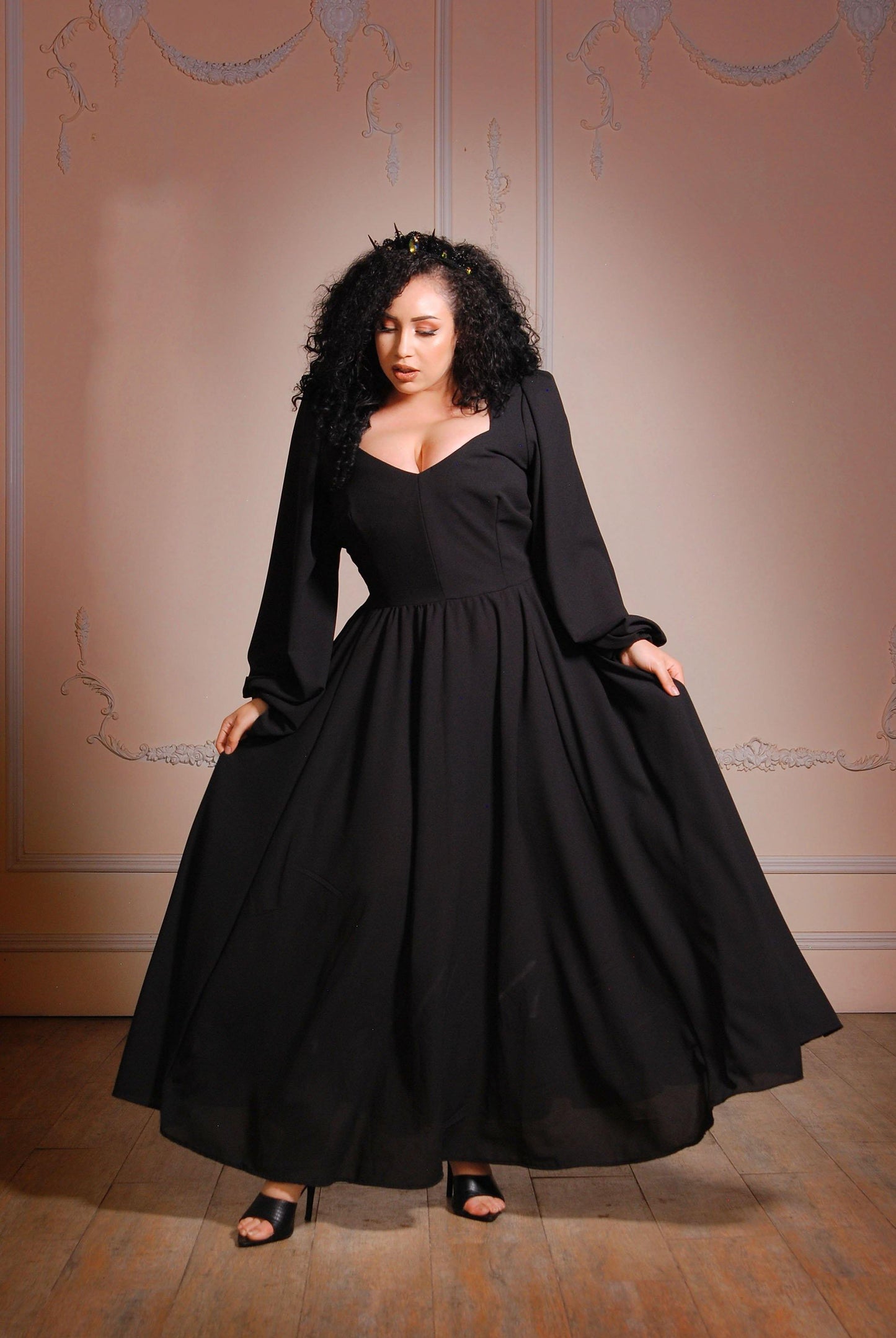 Sold Out - Lucrezia Renaissance Maxi Gown in Solid Black Stretch Crepe | Laura Byrnes - pinupgirlclothing.com