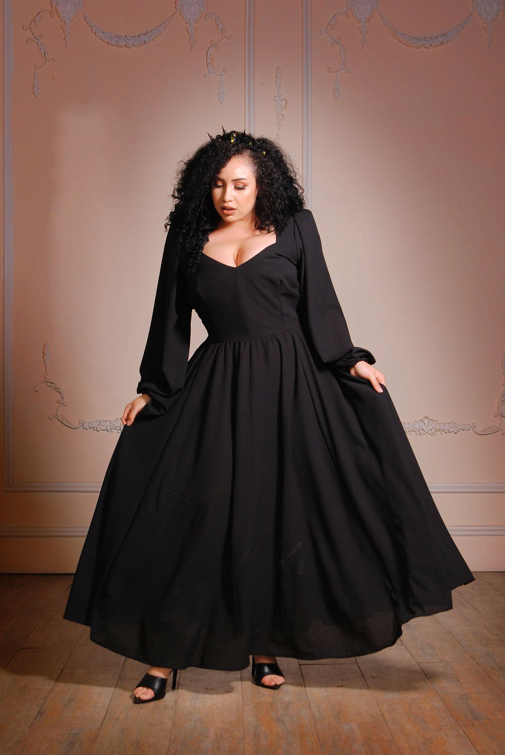 Sold Out - Lucrezia Renaissance Maxi Gown in Solid Black Stretch Crepe | Laura Byrnes - pinupgirlclothing.com