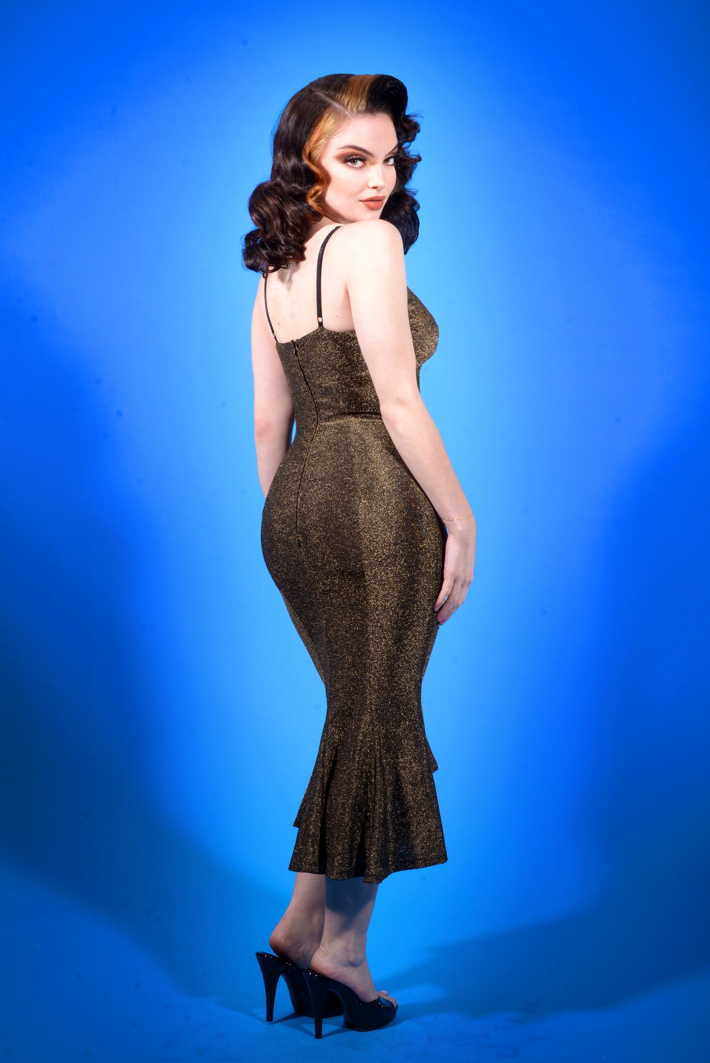 Venus Midi Slip Dress in Gold Stretch Lurex Knit | Laura Byrnes Design