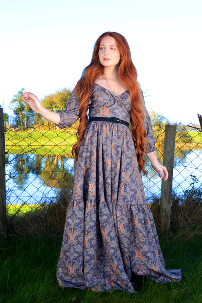Molly Medieval Gothic Maxi Gown in Royal Woods Print Crepe | Laura Byrnes & Hope Johnstun
