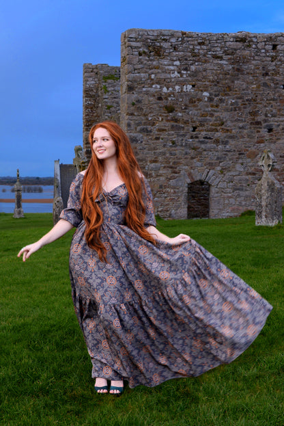 Molly Medieval Gothic Maxi Gown in Royal Woods Print Crepe | Laura Byrnes & Hope Johnstun