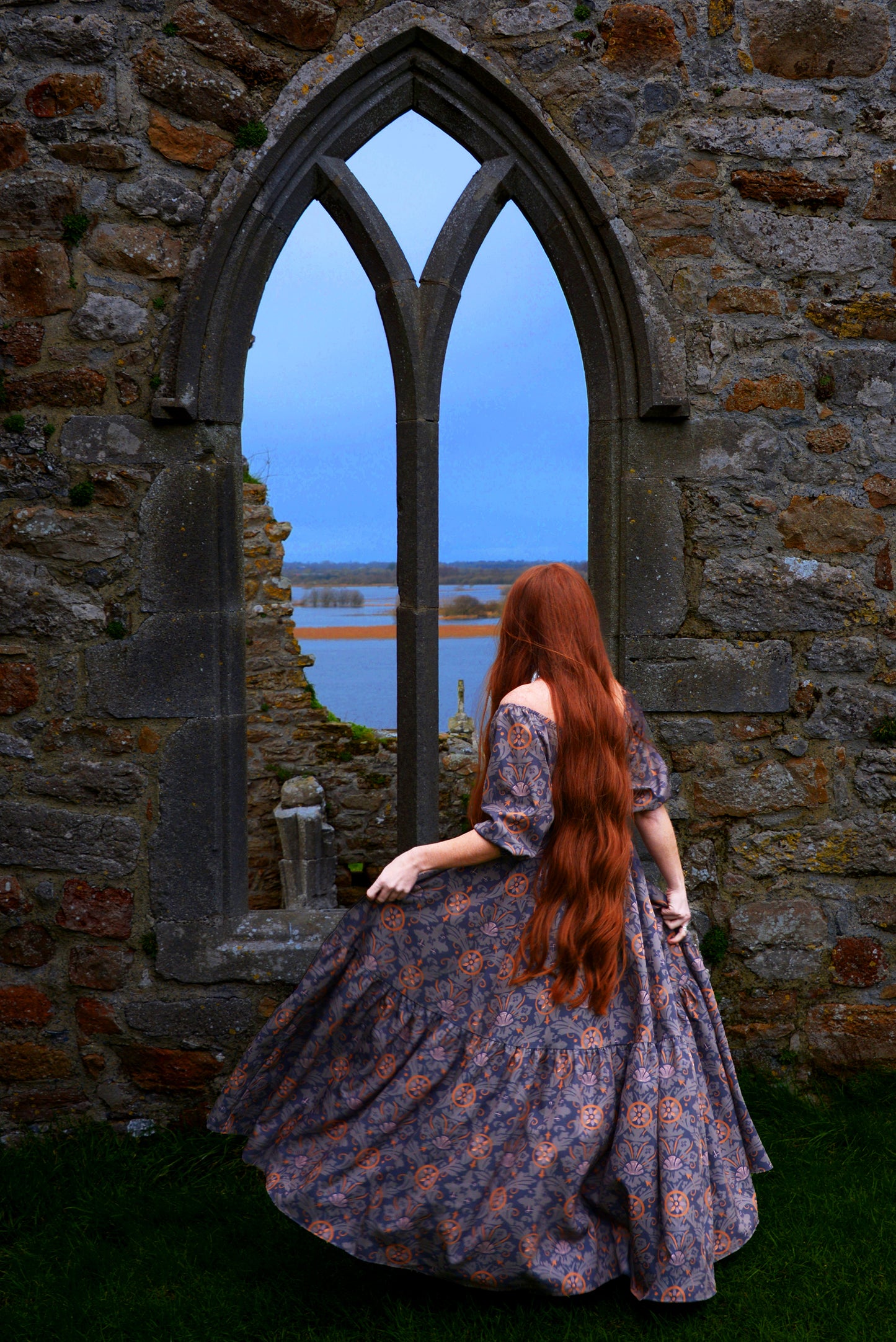 Molly Medieval Gothic Maxi Gown in Royal Woods Print Crepe | Laura Byrnes & Hope Johnstun