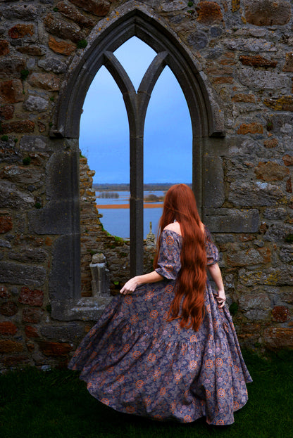 Molly Medieval Gothic Maxi Gown in Royal Woods Print Crepe | Laura Byrnes & Hope Johnstun