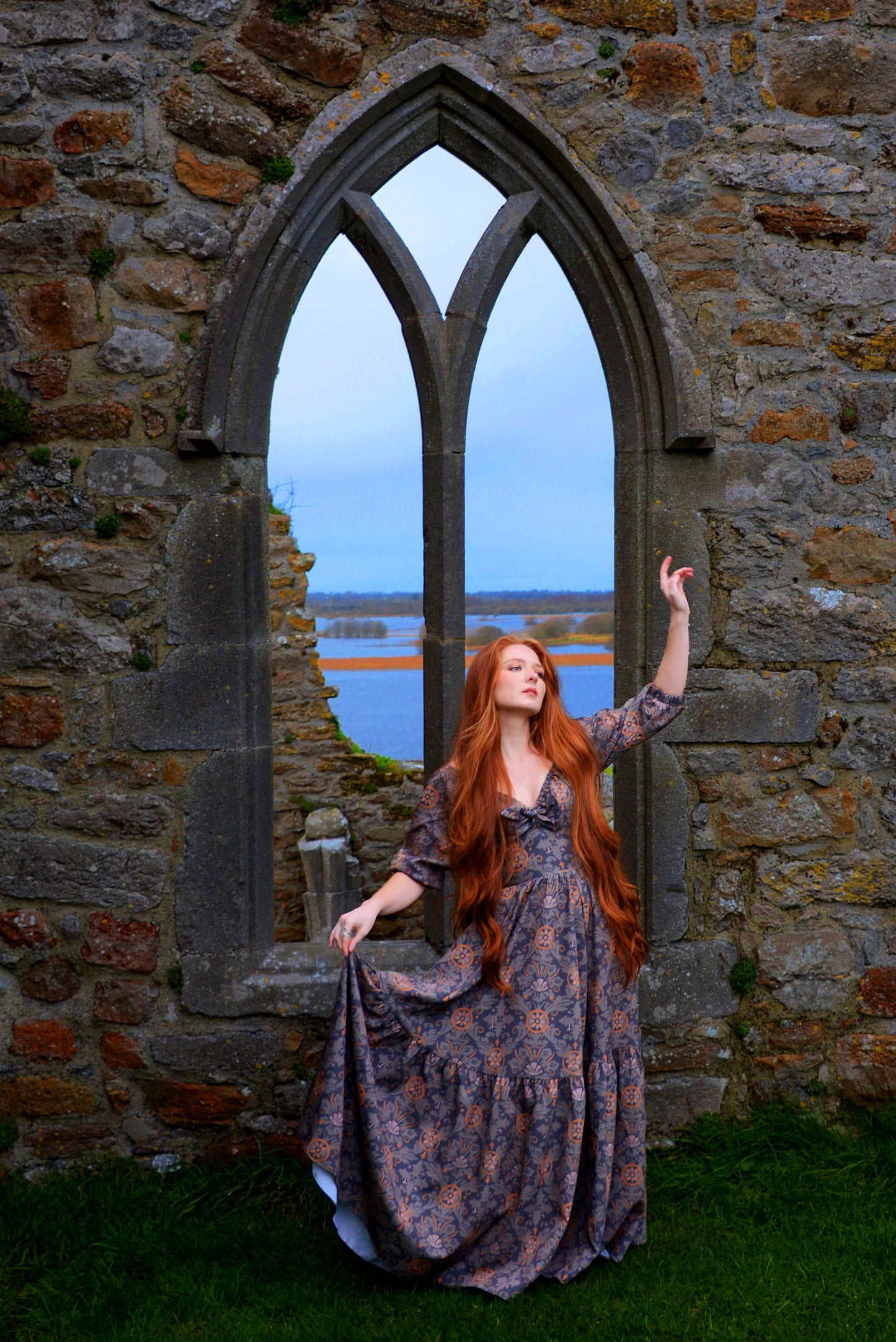 Molly Medieval Gothic Maxi Gown in Royal Woods Print Crepe | Laura Byrnes & Hope Johnstun