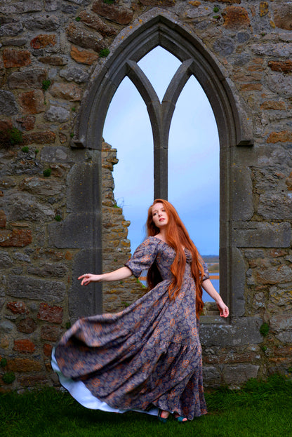 Molly Medieval Gothic Maxi Gown in Royal Woods Print Crepe | Laura Byrnes & Hope Johnstun