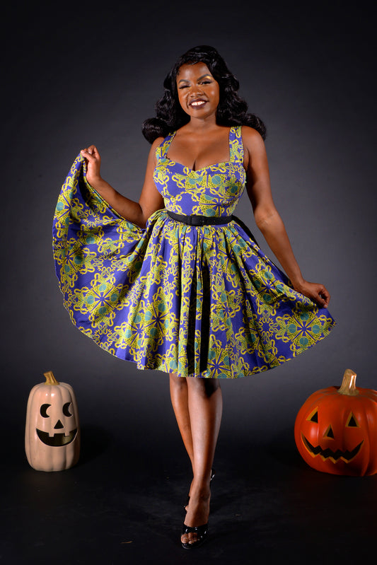 Vera Vintage Swing dress in Daddy Cthulhu Cotton Sateen | Laura Byrnes & Hope Johnstun -