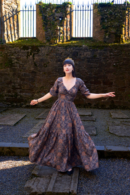 Molly Medieval Gothic Maxi Gown in Royal Woods Print Crepe | Laura Byrnes & Hope Johnstun