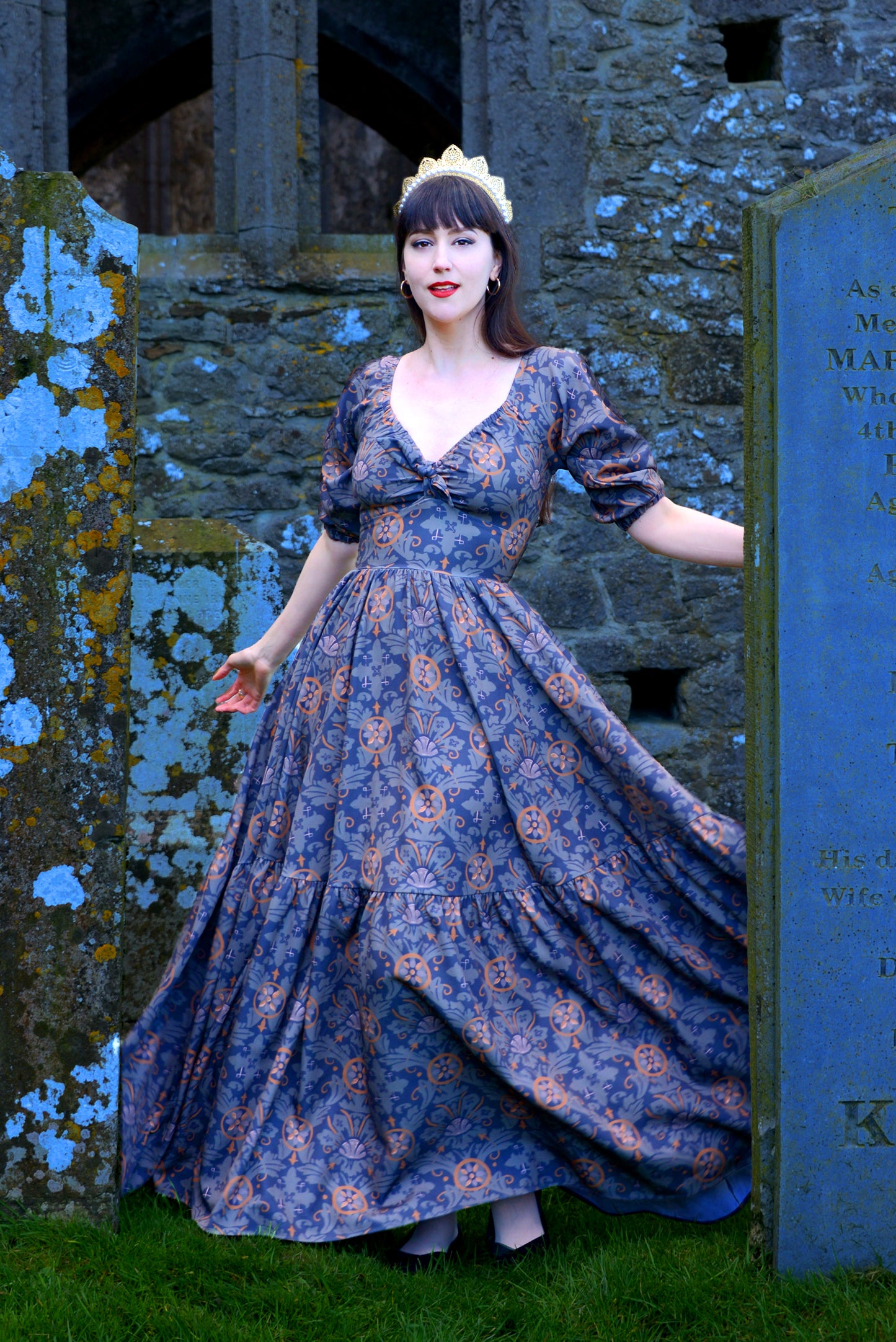 Molly Medieval Gothic Maxi Gown in Royal Woods Print Crepe | Laura Byrnes & Hope Johnstun