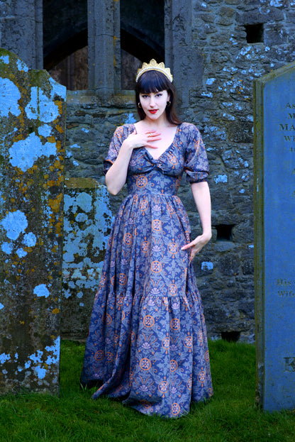 Molly Medieval Gothic Maxi Gown in Royal Woods Print Crepe | Laura Byrnes & Hope Johnstun