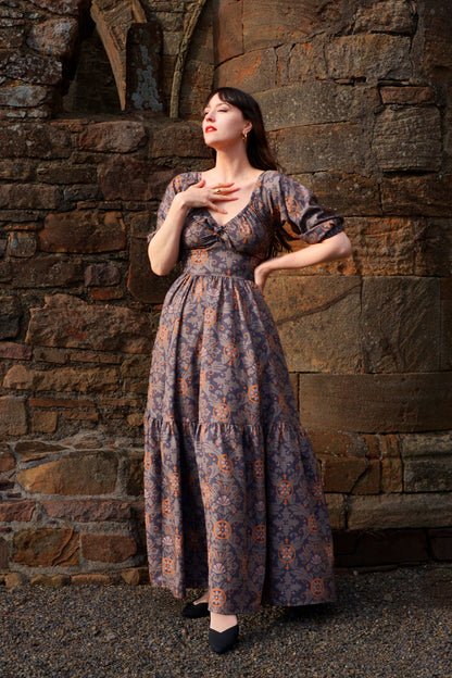Molly Medieval Gothic Maxi Gown in Royal Woods Print Crepe | Laura Byrnes & Hope Johnstun