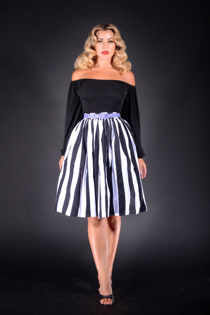 Bella Vintage Gathered Swing Skirt in Black and White Mark Stripe Cotton Sateen | Pinup Couture