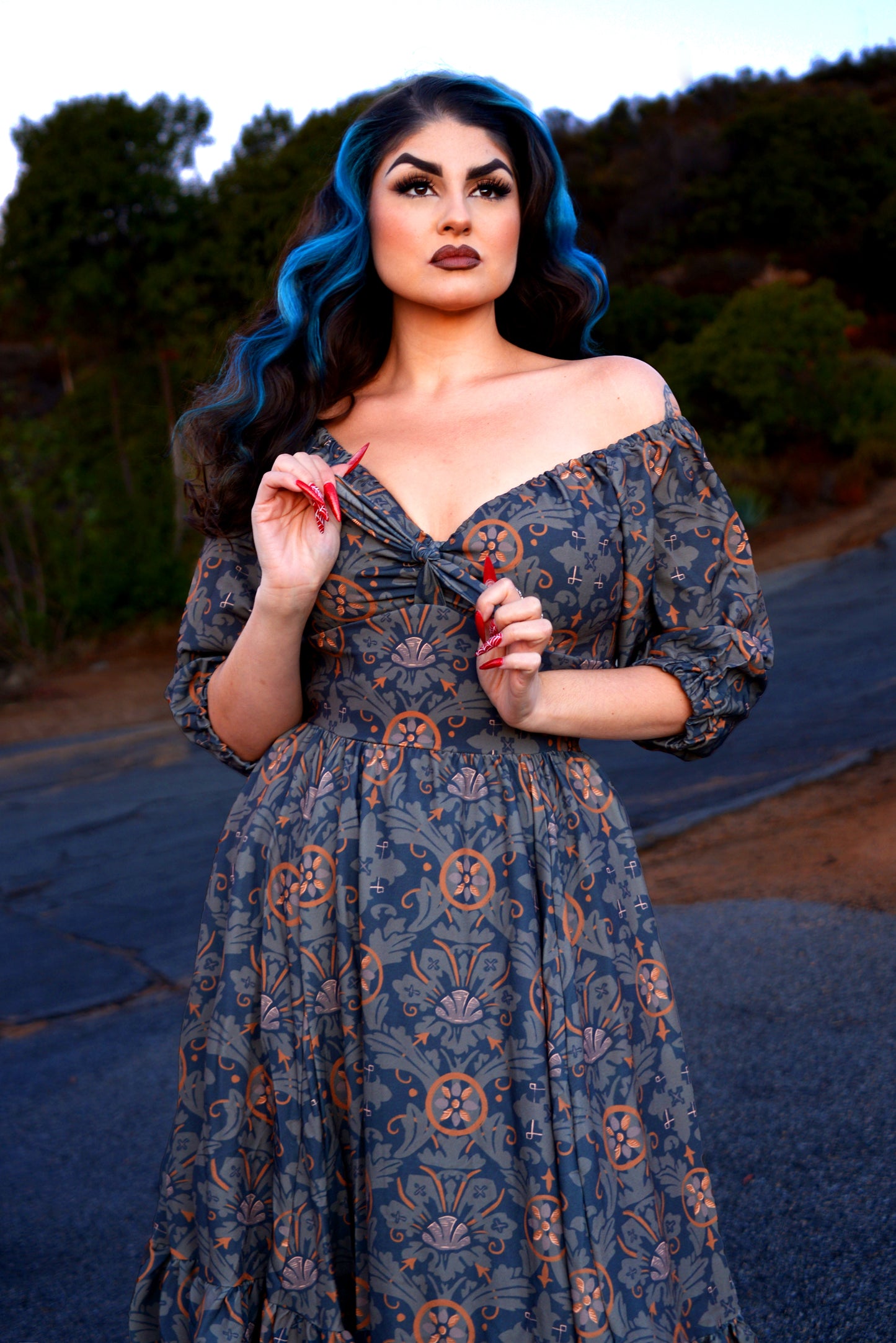 Molly Medieval Gothic Maxi Gown in Royal Woods Print Crepe | Laura Byrnes & Hope Johnstun