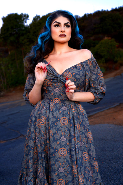Molly Medieval Gothic Maxi Gown in Royal Woods Print Crepe | Laura Byrnes & Hope Johnstun