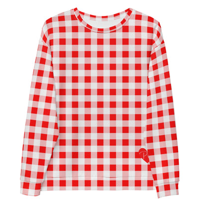 Cherry Red Vintage Gingham Long-Sleeved Crewneck Sweatshirt | Pinup Couture