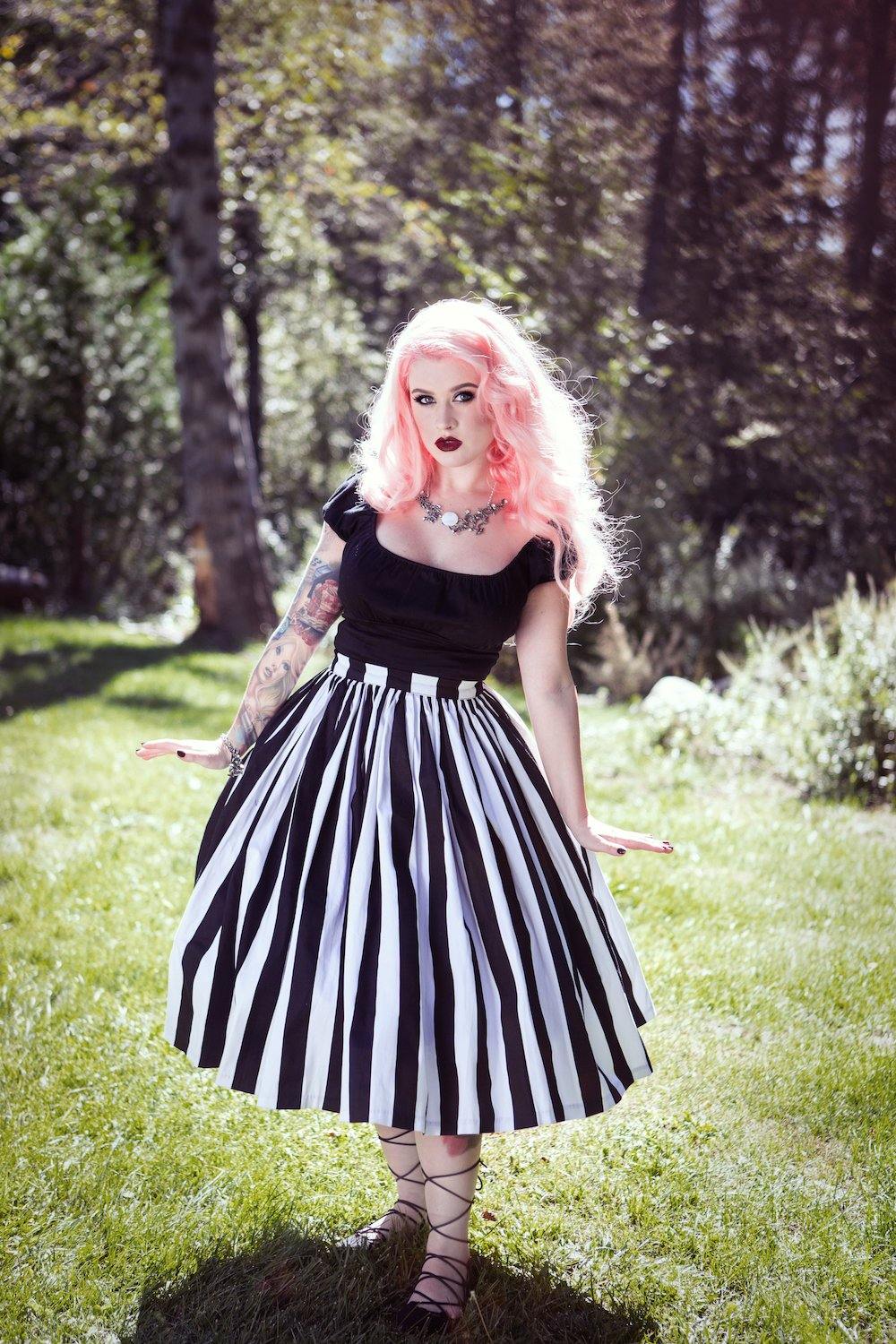 Pinup Couture Bella Skirt in Black and White Mark Stripe Printed Cotton Sateen