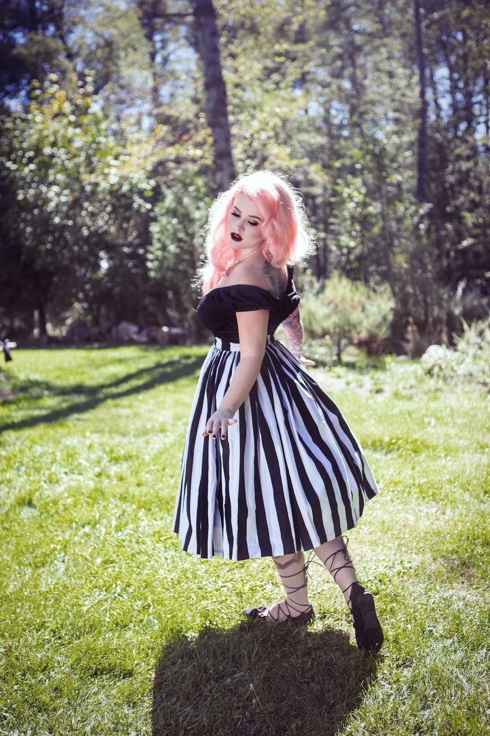 Pinup Couture Bella Skirt in Black and White Mark Stripe Printed Cotton Sateen
