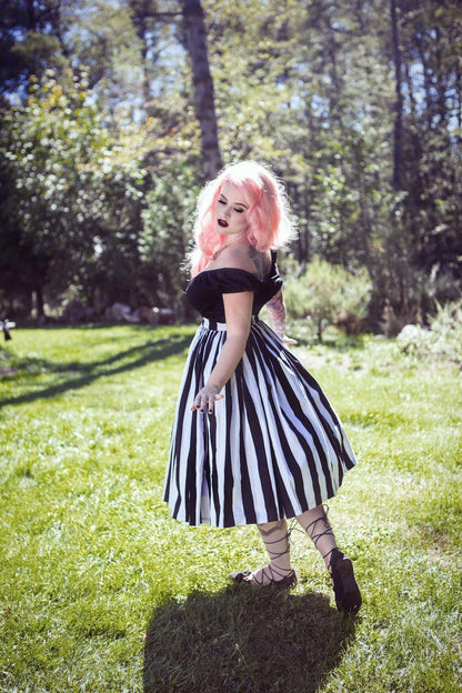 Pinup Couture Bella Skirt in Black and White Mark Stripe Printed Cotton Sateen