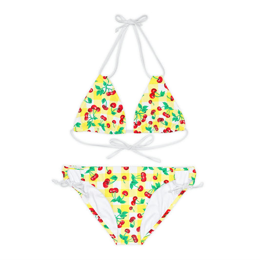 Alex Yellow Gingham Cherry Print Strappy Bikini Set | Pinup Couture Swim