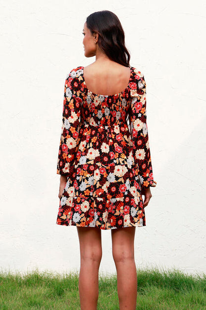 Alycia 70s Floral Smocked Vintage Floral Balloon Sleeve Tiered Summer Mini Dress | Poundton